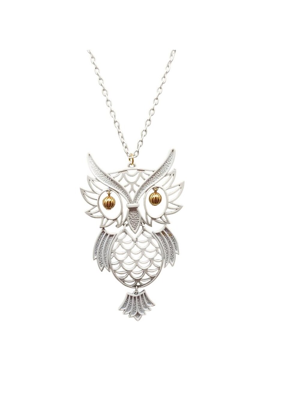 Retro White Enamel Owl Pendant Necklace with Gold-Tone Accents Long Chain Vintag